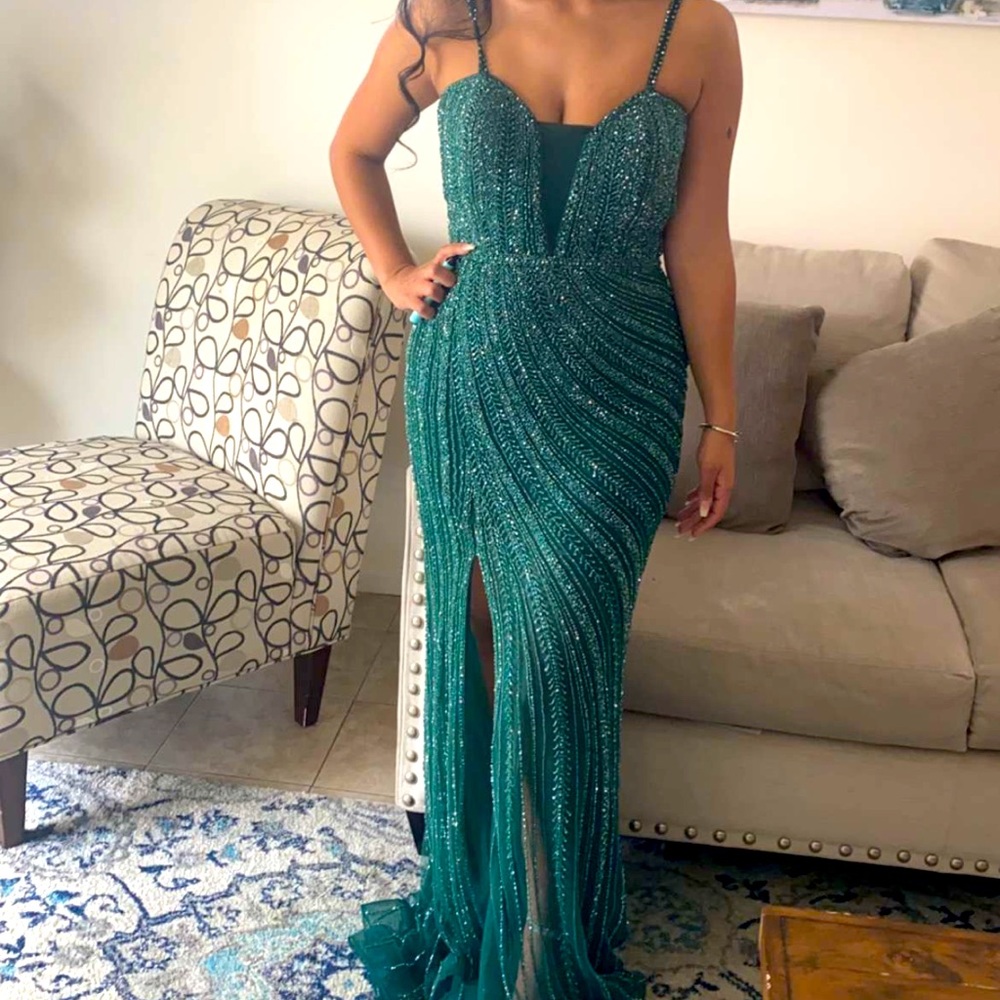 Emerald Green Beaded Long Dress